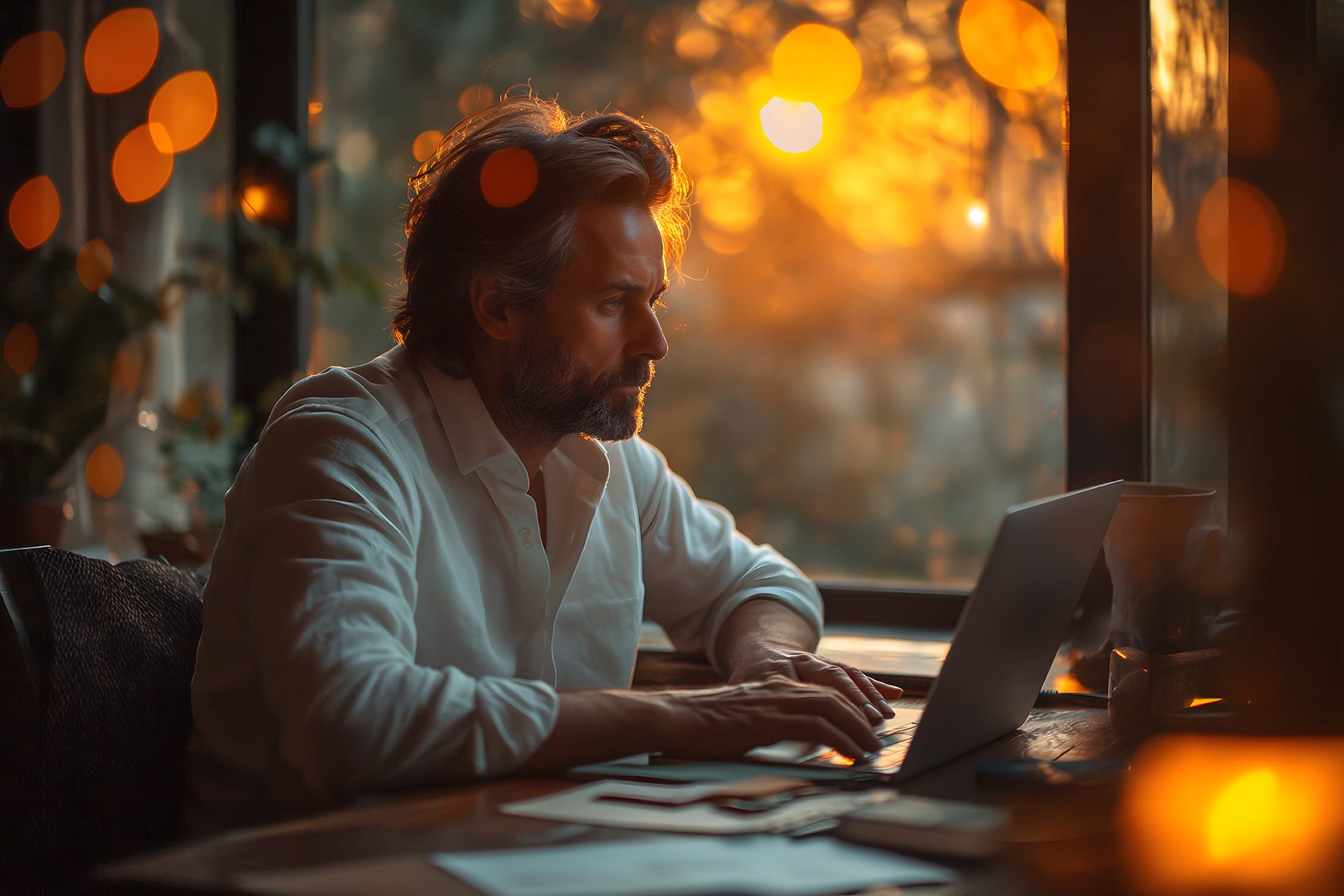 Business man, using a notebook computer in the office, Soft blur surfing the web photo